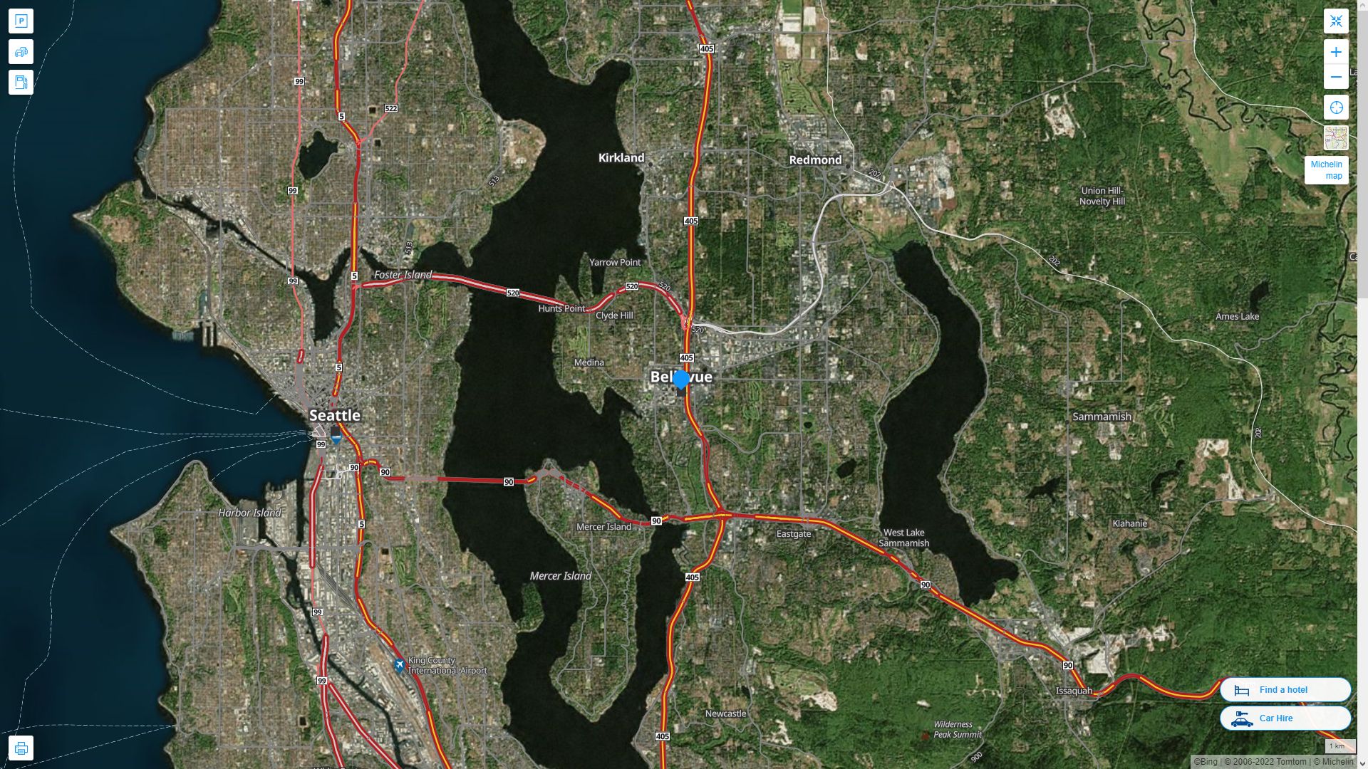 Bellevue Washington Highway and Road Map with Satellite View